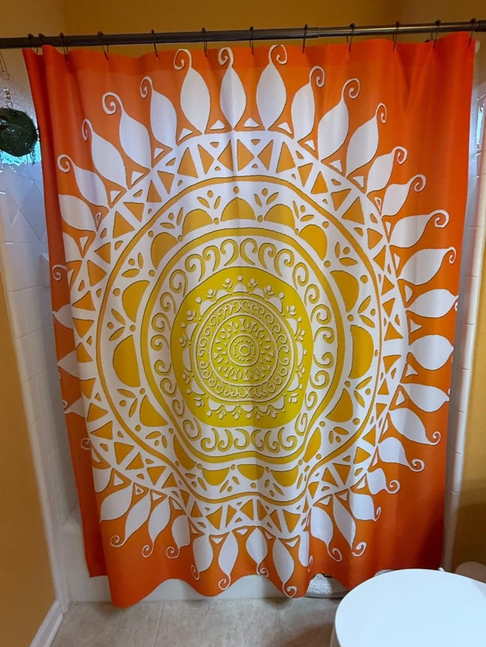 Orange, Yellow & White Decorative Shower Curtain - Vibrant Sunburst Design